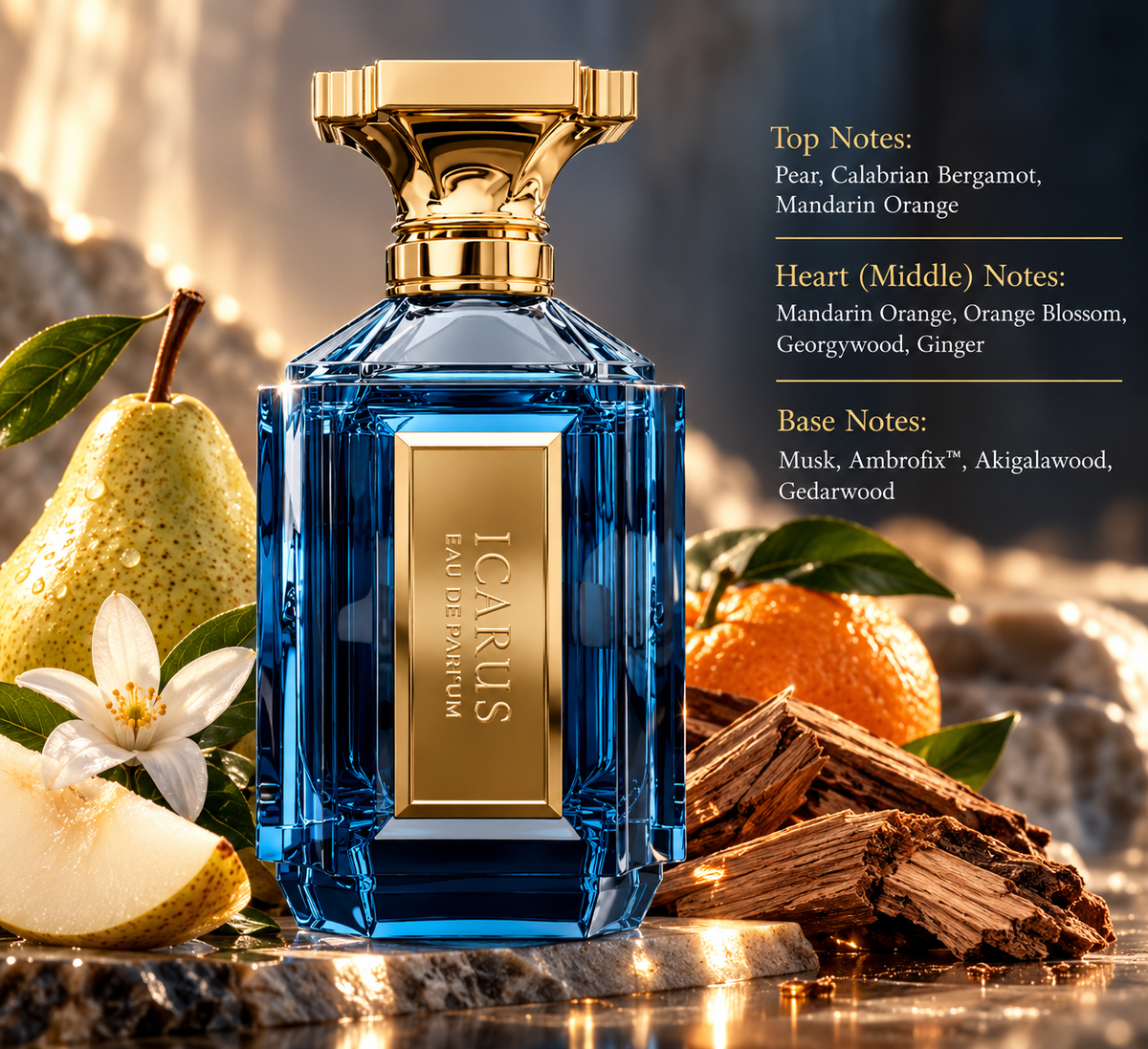 Icarus Eau de Parfum presented in an elegant composition with pear, mandarin orange, orange blossom and warm woods, reflecting its fresh fruity, citrus, musky and woody fragrance profile.