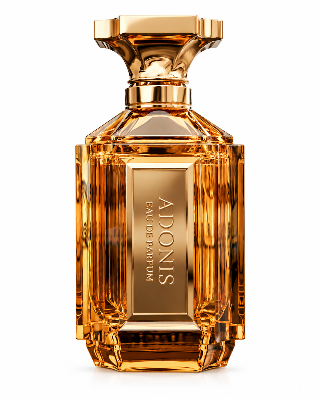 Adonis Eau de Parfum in a luxurious amber-gold faceted glass bottle with an architectural gold cap and elegant vertical gold front plaque, photographed on a clean white background.