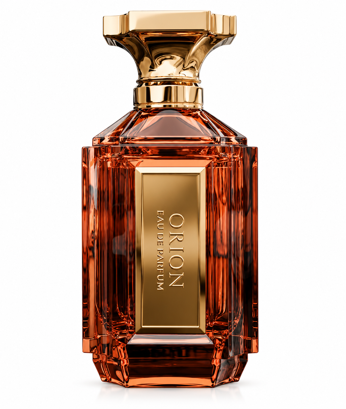 Orion Eau de Parfum in a striking amber-orange faceted glass bottle with a sculptural gold cap and elegant vertical Orion front plaque, photographed on a clean white background.