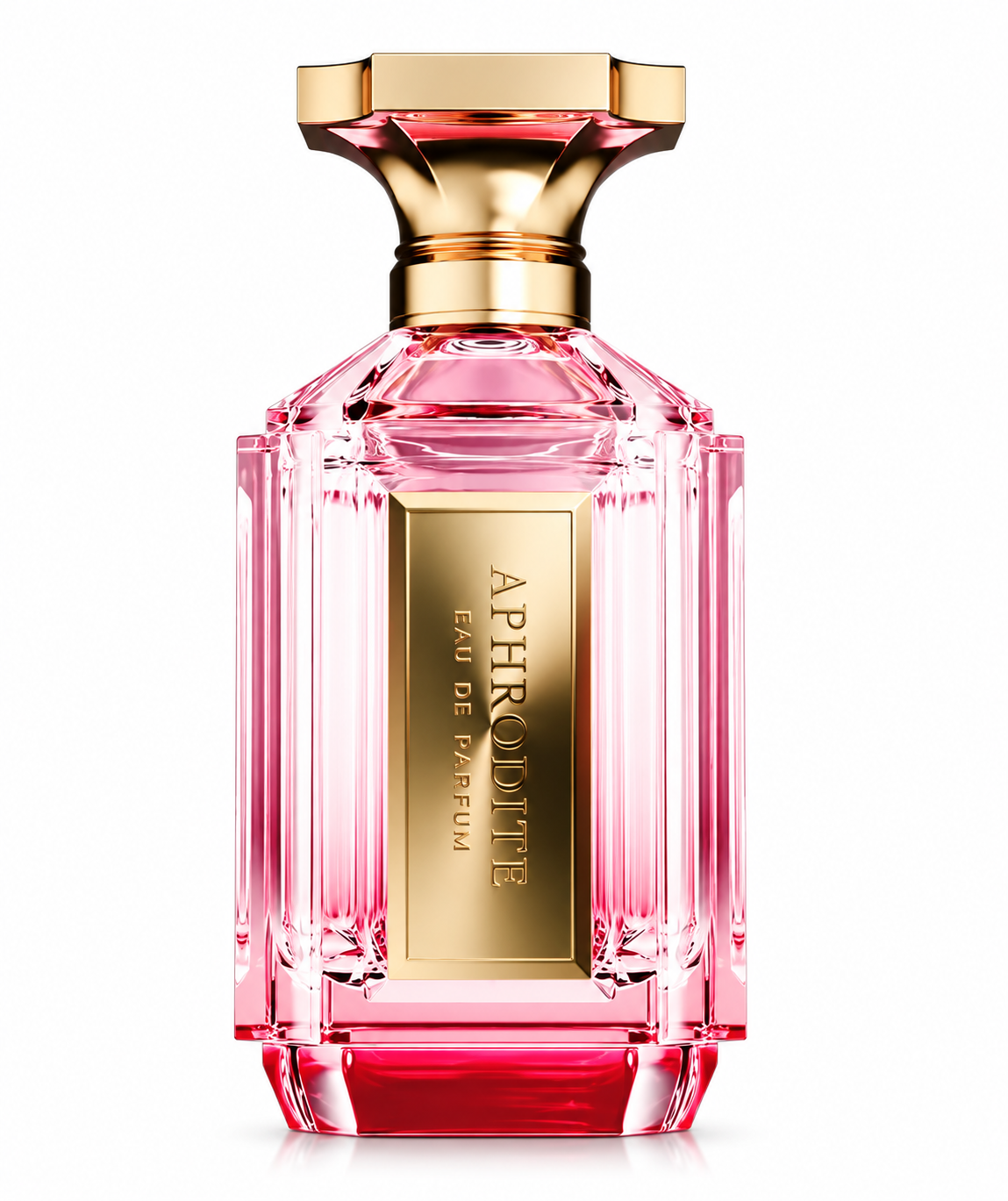 Aphrodite Eau de Parfum in an elegant faceted pink glass bottle with a luminous rose-red base, sculptural gold cap and vertical gold Aphrodite plaque, photographed on a clean white background.