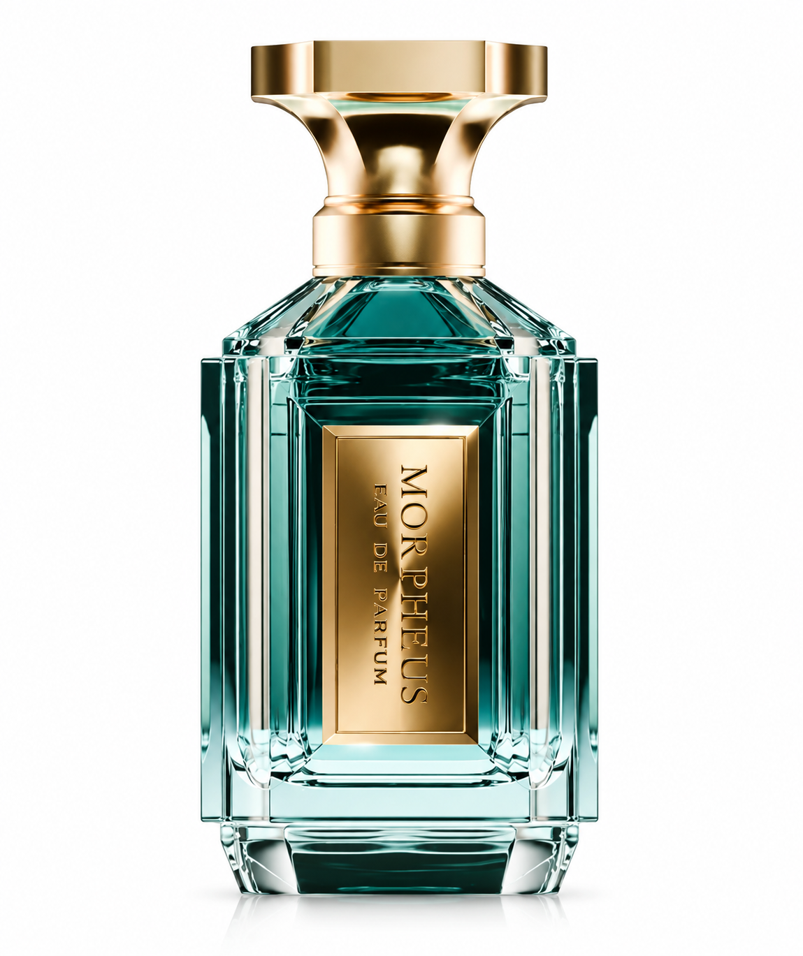 Morpheus Eau de Parfum in a refined faceted turquoise-green glass bottle with a sculptural gold cap and vertical gold Morpheus plaque, photographed on a clean white background.