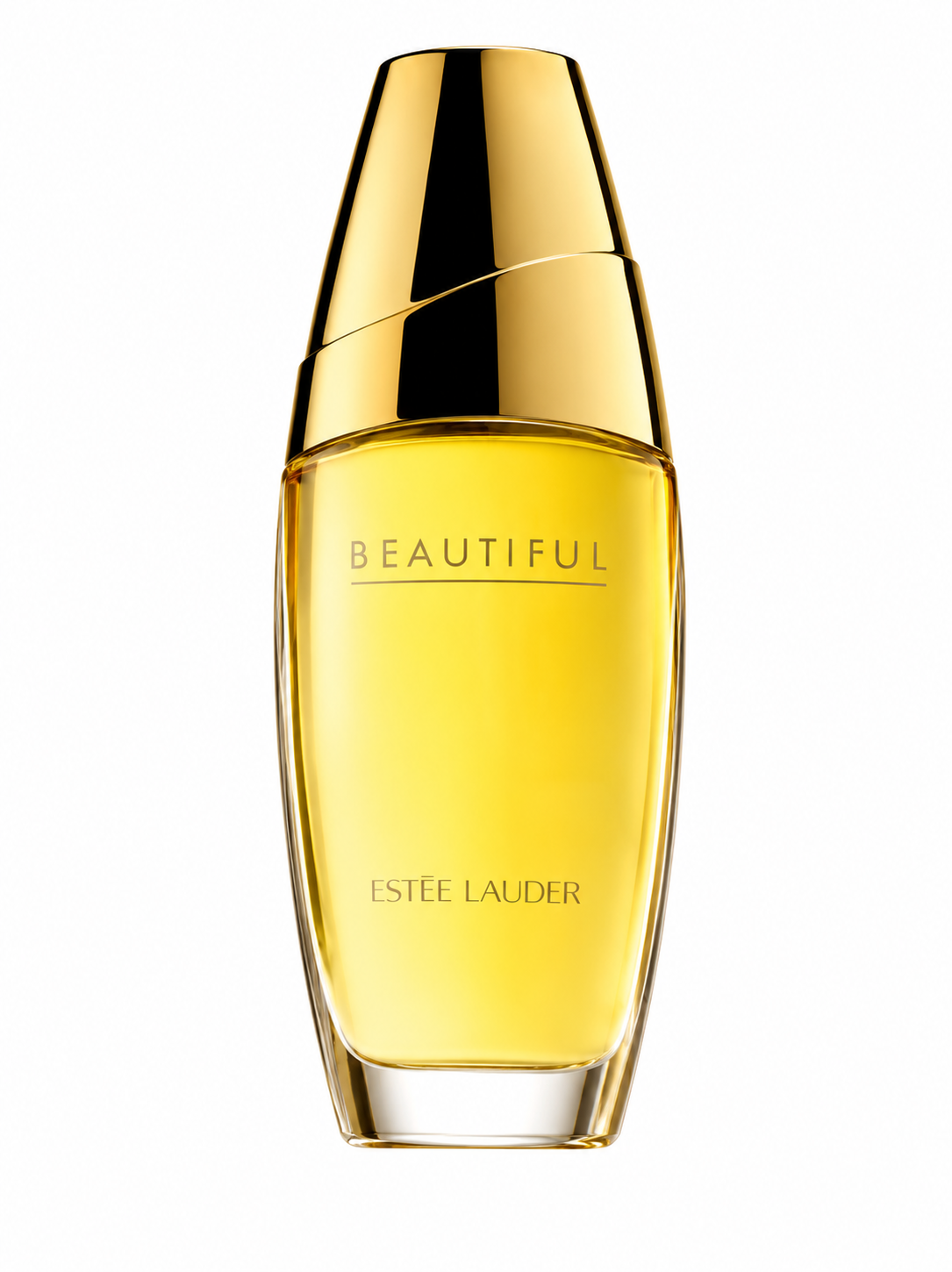 Estée Lauder Beautiful Eau de Parfum bottle isolated on a white background, featuring a golden yellow fragrance in an elegant glass flacon with a glossy gold cap.
