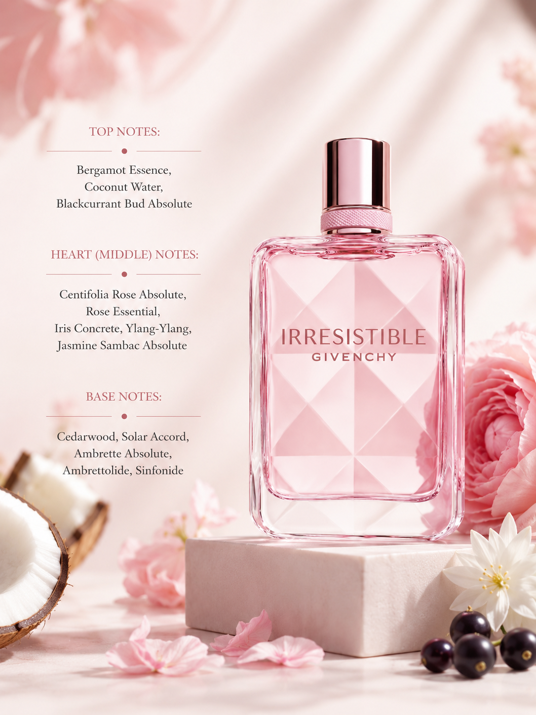 Givenchy Irresistible Eau de Parfum Nude Velvet with fragrance notes, displayed beside coconut, pink roses, jasmine flowers and blackcurrants, highlighting its floral, creamy and musky composition.