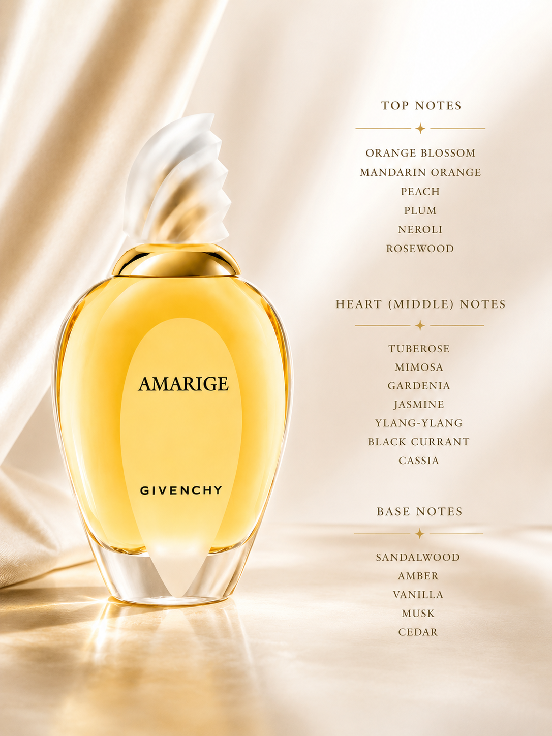 Givenchy Amarige displayed with its rich floral-oriental composition:
Top: Orange Blossom, Mandarin Orange, Peach, Plum, Neroli, Rosewood
Heart: Tuberose, Mimosa, Gardenia, Jasmine, Ylang-Ylang, Black Currant, Cassia
Base: Sandalwood, Amber, Vanilla, Musk, Cedar
A luxurious and radiant floral fragrance that opens with a vibrant blend of citrus, peach, and plum, unfolds into an opulent bouquet of white flowers and jasmine, and settles into a warm, sensual base of sandalwood, amber, vanilla, musk, and cedar.