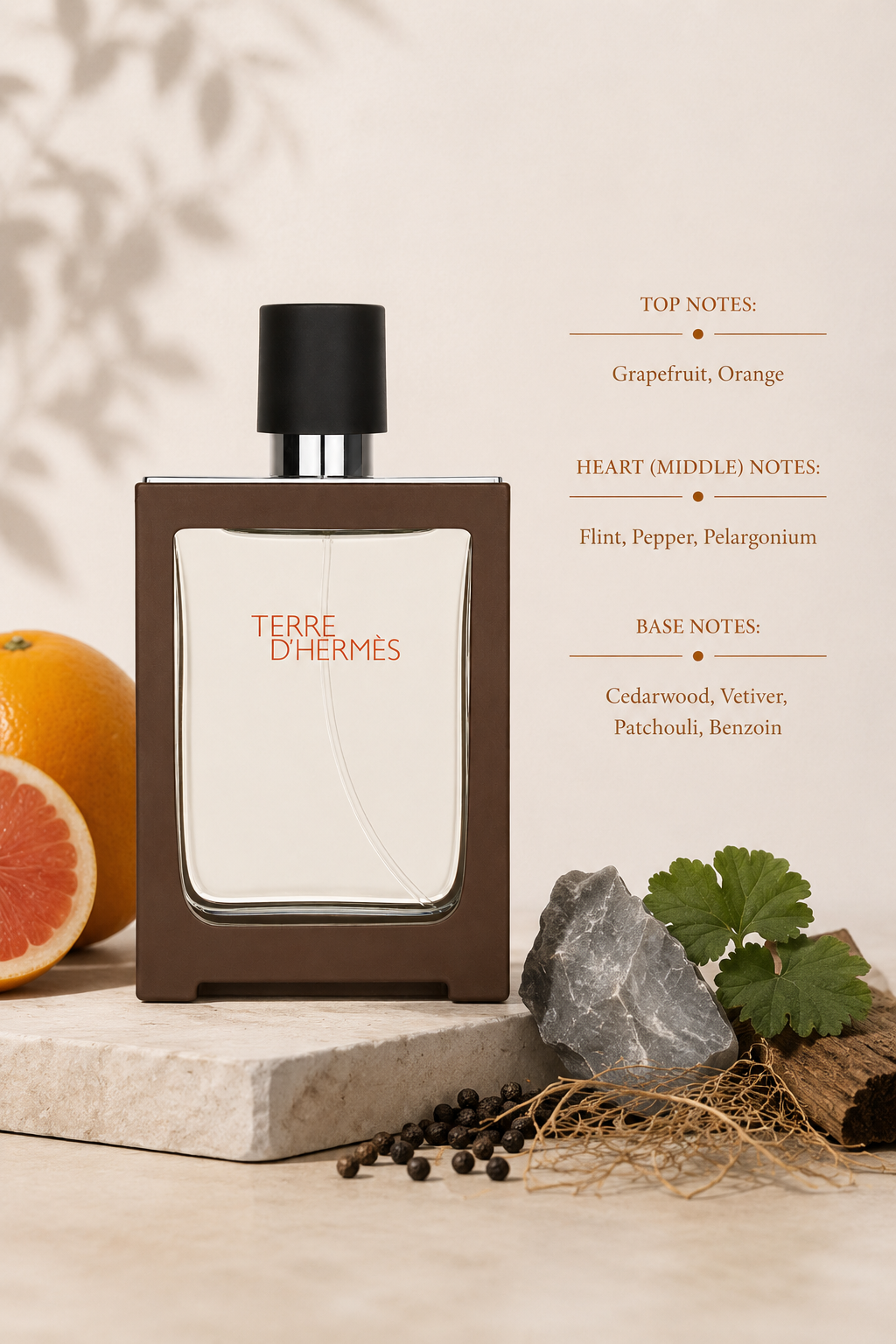 Hermès Terre d'Hermès Eau Givrée fragrance displayed with grapefruit, orange, peppercorns, cedarwood, mineral stone, and fragrance notes in a refined natural setting.