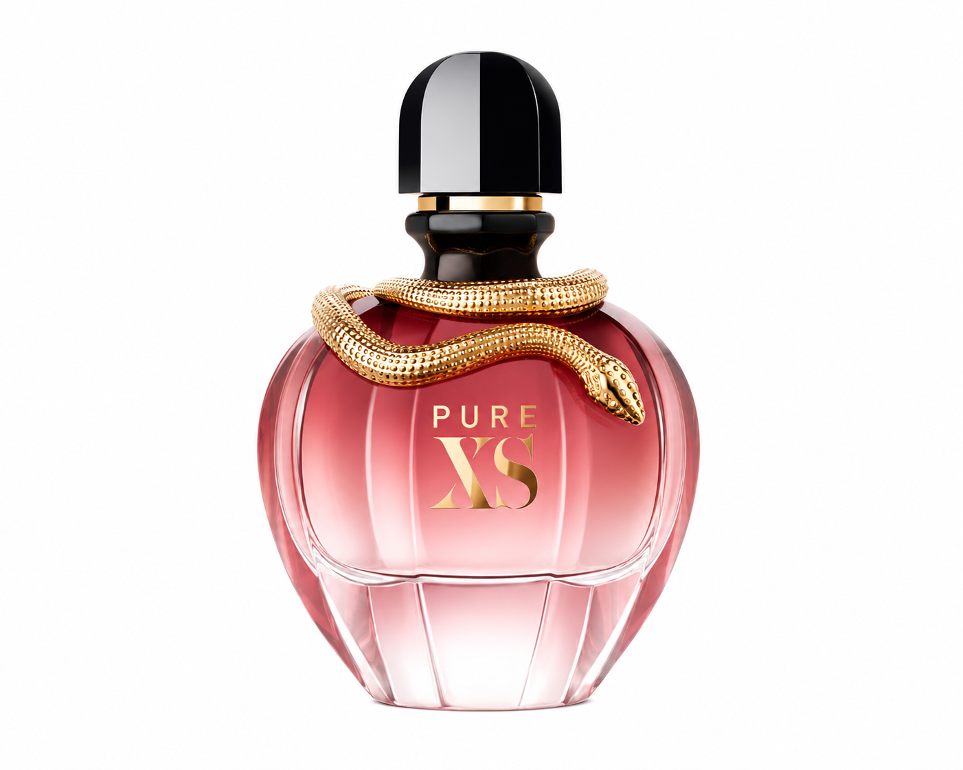 Pink perfume bottle with gold snake design on a white background