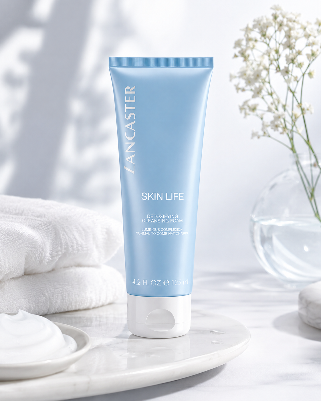 Lancaster Skin Life Detoxifying Cleansing Foam elegantly displayed on a polished white marble vanity in soft natural morning light. The refreshing skincare scene includes neatly folded plush white towels, delicate white baby's breath flowers in a clear glass vase, a shallow dish with airy cleansing foam, subtle water droplets on the marble surface, and gentle botanical shadows creating a fresh spa ambiance.
