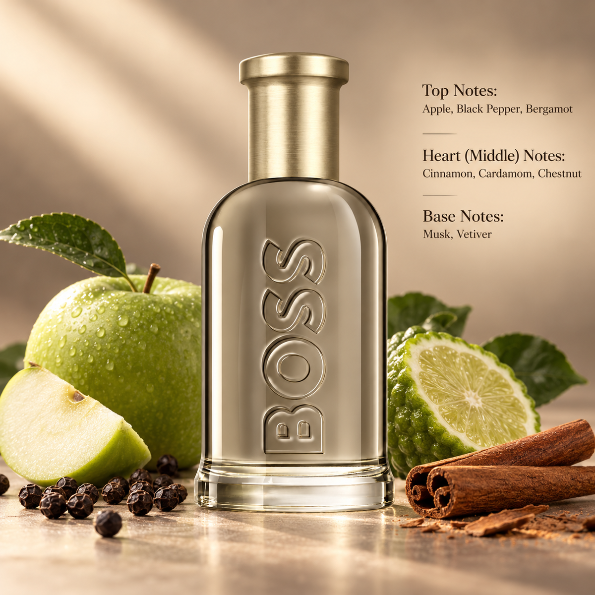 Hugo Boss Boss Bottled men's perfume featuring an elegant smoky grey glass bottle with embossed BOSS lettering and a brushed gold cap. Surrounded by fresh green apples, bergamot, black peppercorns and cinnamon sticks against a warm beige background. A sophisticated masculine woody spicy fragrance with notes of apple, cardamom, chestnut, musk and vetiver.