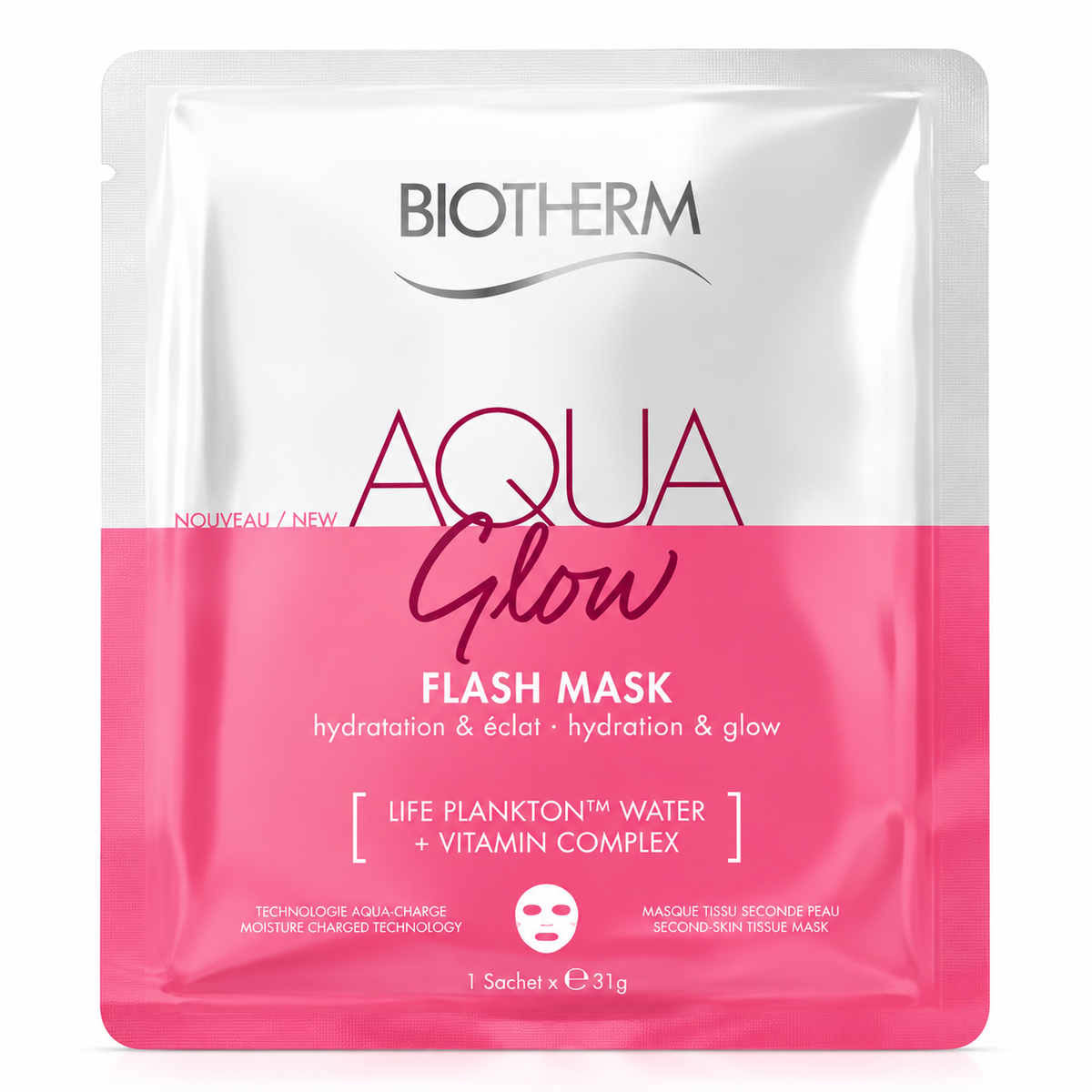 Biotherm Aqua Glow Flash Mask 31g hydrating sheet mask with Life Plankton Water and Vitamin Complex, presented in its white and vibrant pink sachet on a clean white background.
