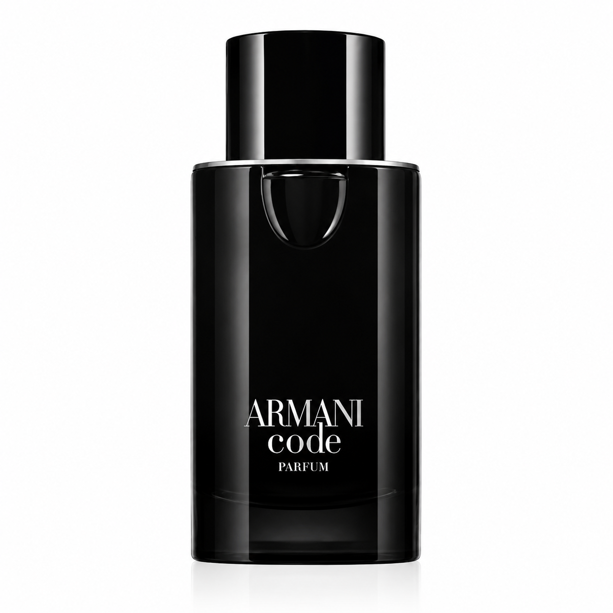 Giorgio Armani Armani Code Parfum bottle with a sleek glossy black refillable design, rounded silhouette and minimalist silver branding.