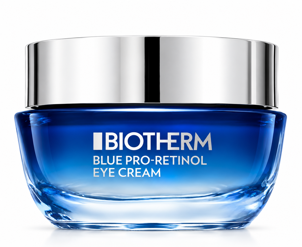 Biotherm Blue Pro-Retinol Eye Cream in its signature deep blue glass jar with a polished silver lid, presented on a clean white background.