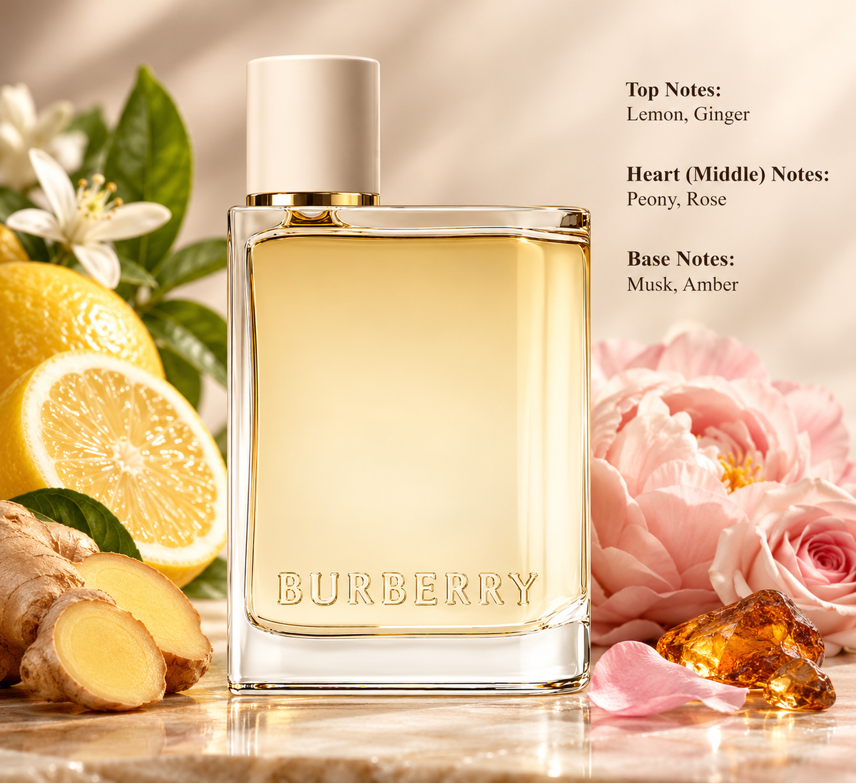 Burberry women's floral perfume in an elegant golden glass bottle, surrounded by fresh lemons, ginger, pink peonies, roses and amber crystals. A sophisticated floral citrus fragrance featuring lemon, ginger, peony, rose, musk and warm amber notes.
