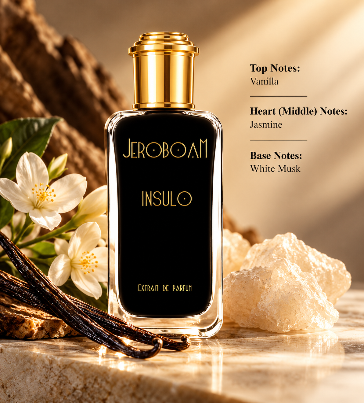 Jeroboam Insulo Extrait de Parfum in a luxurious black and gold bottle, elegantly displayed on warm marble alongside vanilla pods, delicate jasmine flowers and white musk-inspired crystals. A sophisticated niche fragrance featuring sweet vanilla top notes, floral jasmine heart notes and soft white musk base notes.