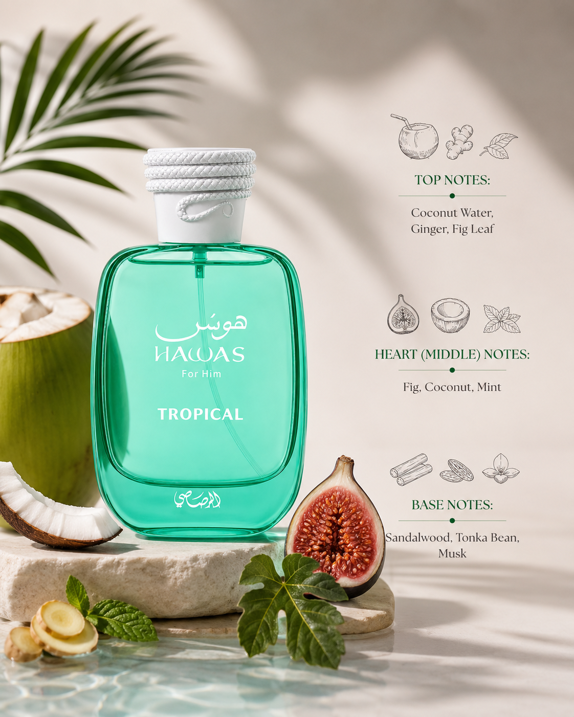Rasasi Hawas Tropical For Him displayed with coconut water, ginger, fig leaf, fig, coconut, mint, sandalwood, tonka bean, musk, and fragrance notes on a luxurious tropical-inspired background.