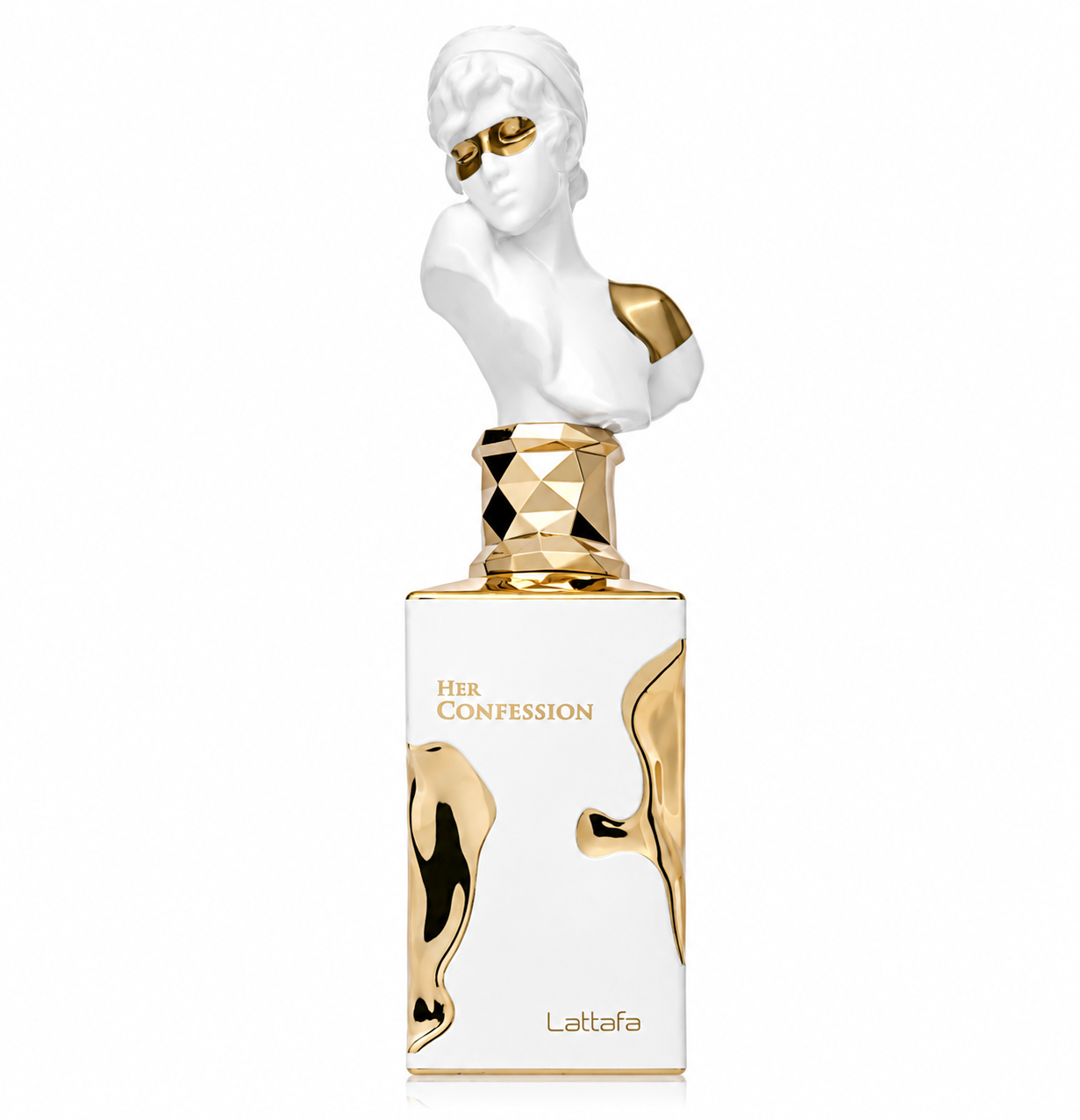 Lattafa Her Confession presented in its distinctive white-and-gold bottle, crowned with an artistic sculptural bust cap for an elegant, luxurious presentation.