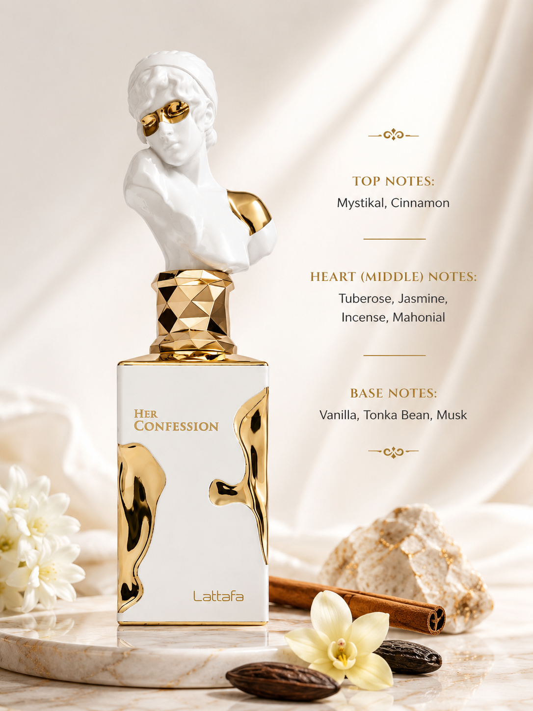 Lattafa Her Confession styled in a warm ivory-and-gold setting with florals, cinnamon and tonka-inspired elements, highlighting the fragrance’s spicy, floral, creamy and sensual character.