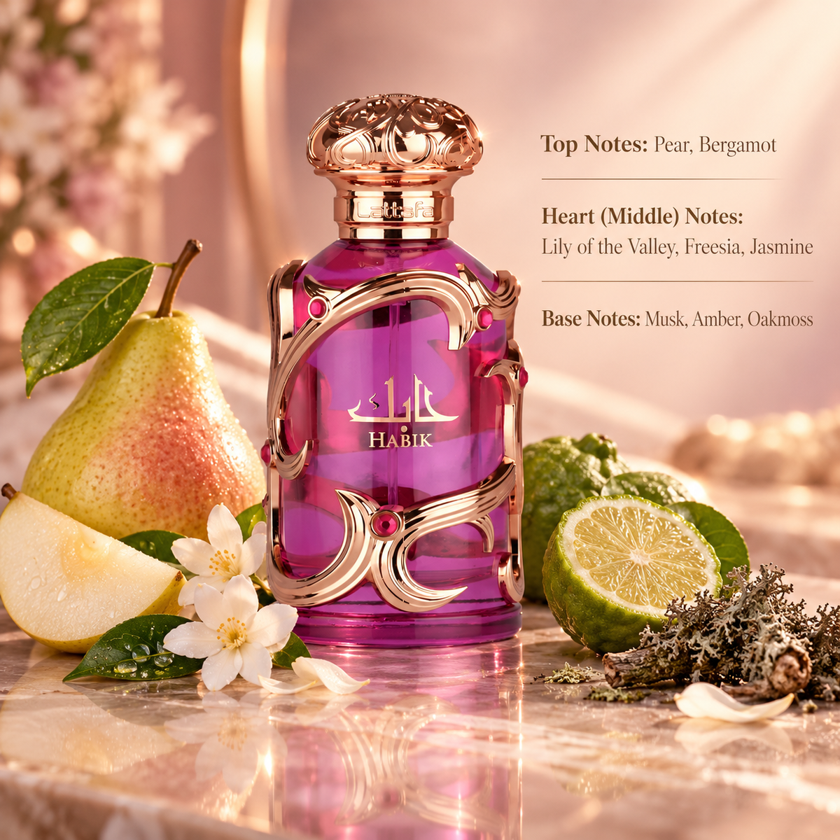 Lattafa Habik for Women Eau de Parfum in a luxurious pink-purple bottle with ornate rose gold detailing, surrounded by fresh pear, bergamot and delicate white flowers. Elegant warm lighting and a soft peach background highlight this feminine floral fruity perfume with musk, amber and oakmoss notes.