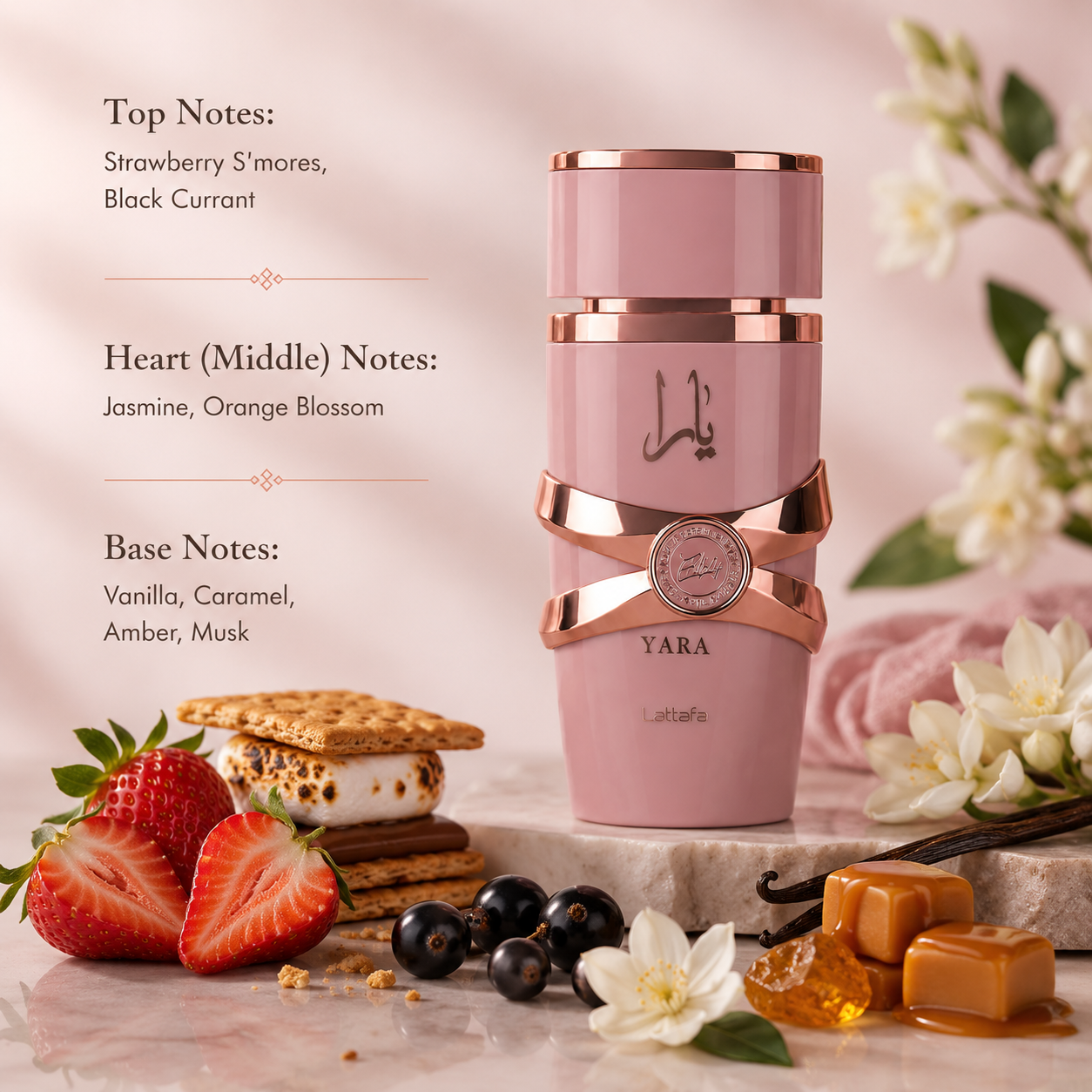 Lattafa Yara Eau de Parfum showcased in an elegant luxury fragrance composition featuring strawberry s'mores, black currant, jasmine, orange blossom, vanilla, caramel, amber, and musk-inspired elements. The iconic blush pink bottle with rose gold accents is presented in a refined setting that highlights its sweet gourmand, fruity, floral, and creamy feminine character.