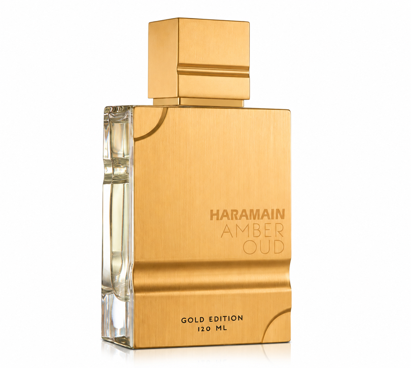 Al Haramain Amber Oud Gold Edition 120ml presented in its distinctive brushed-gold bottle with a bold rectangular silhouette and luxurious metallic finish.