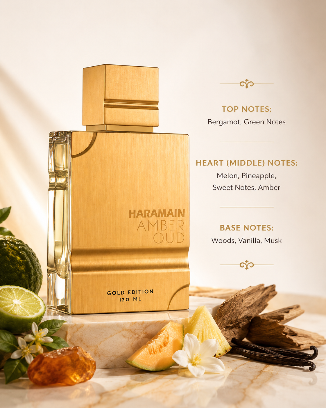 Al Haramain Amber Oud Gold Edition styled in an elegant golden setting with bergamot, melon, pineapple, amber, woods and vanilla-inspired elements, highlighting its fruity, sweet, warm and musky fragrance character.