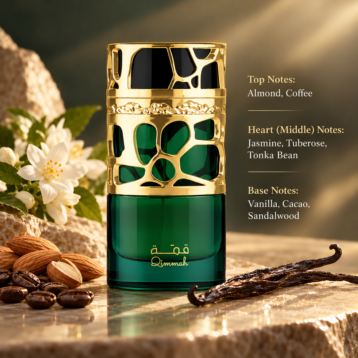 Lattafa Qimmah Eau de Parfum in a luxurious emerald green and gold bottle, surrounded by almonds, coffee beans, white jasmine flowers and vanilla pods. An elegant Arabic gourmand fragrance featuring almond and coffee top notes, jasmine, tuberose and tonka bean heart notes, with vanilla, cacao and sandalwood base notes.