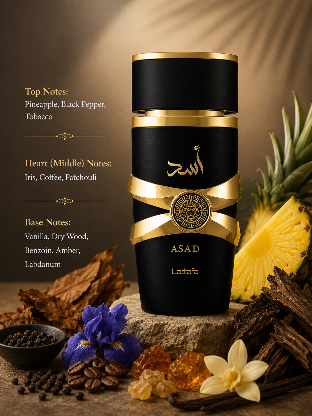 Lattafa Asad 100ml EDP for men, with fragrance notes including pineapple, coffee, vanilla, and amber