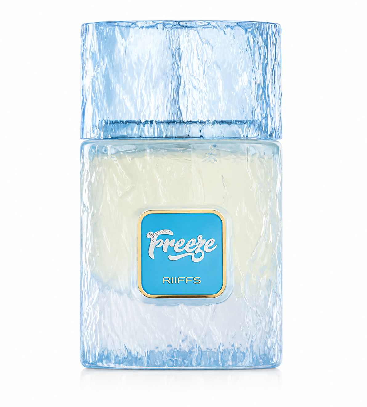Riiffs Freeze Eau de Parfum in a frosted ice-blue textured bottle, isolated on a clean white background. This refreshing fragrance blends sparkling citrus, cool mint, and icy accords with aromatic tea and sage, finishing with warm amber, cedarwood, and soft peony for a crisp, invigorating scent with lasting freshness.