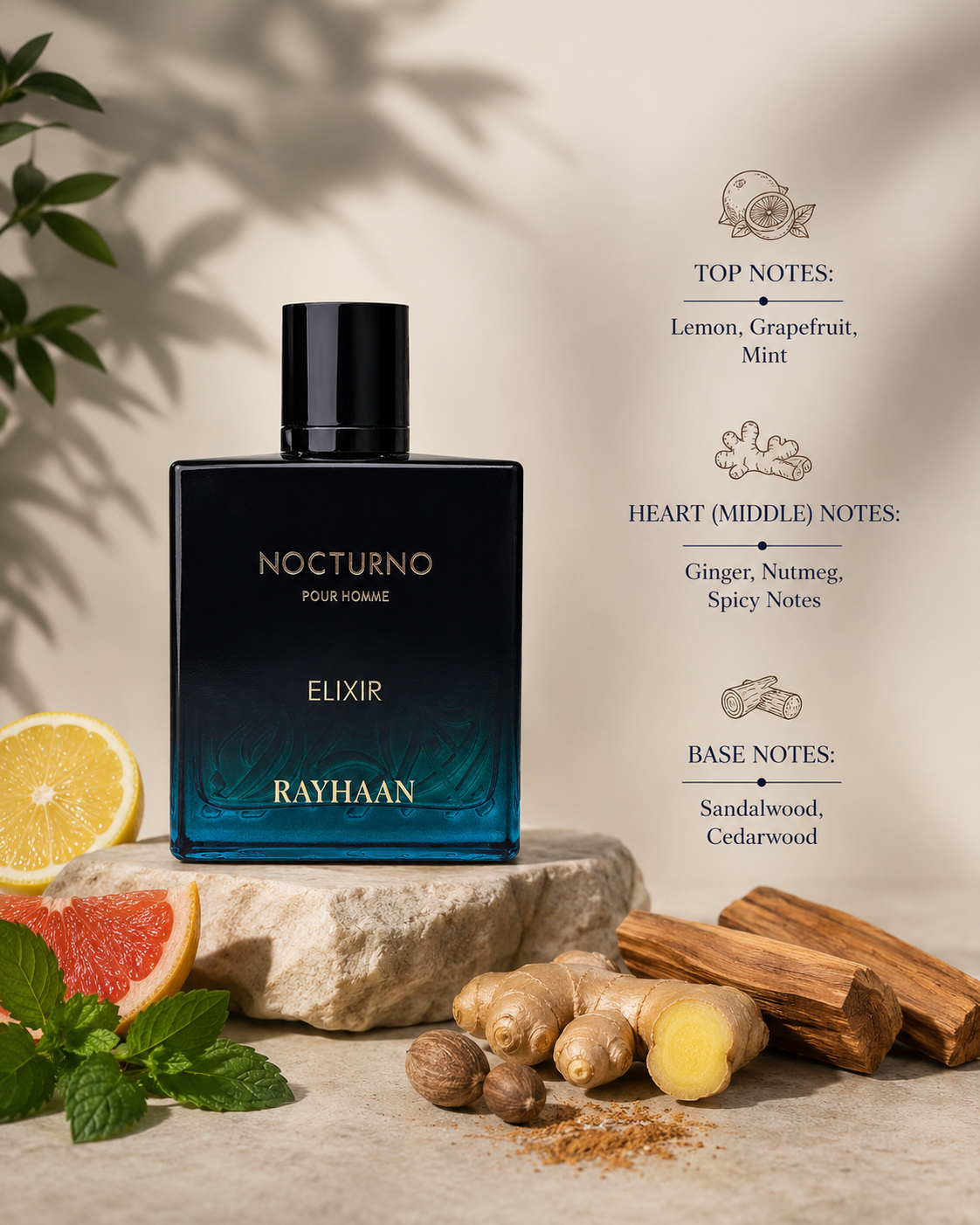 Rayhaan Nocturno Elixir Pour Homme displayed with lemon, grapefruit, mint, ginger, nutmeg, sandalwood, cedarwood, and fragrance notes on a refined natural stone background.