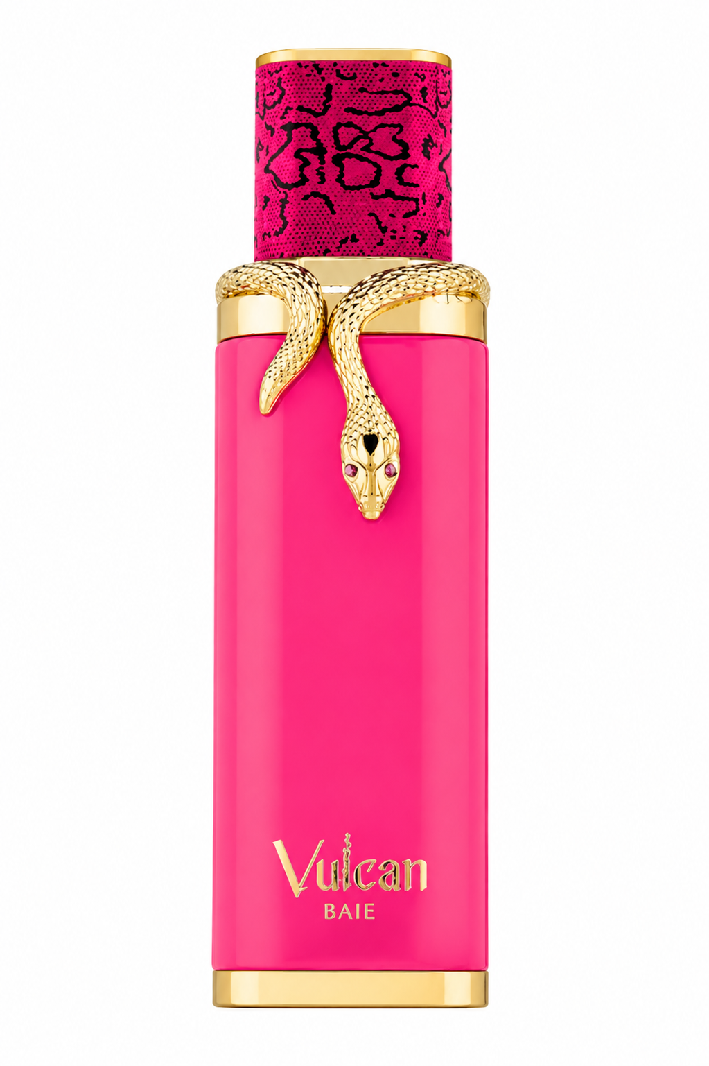 Vulcan Baie Eau de Parfum bottle in vibrant pink with a gold snake detail around the neck and gold accents.
