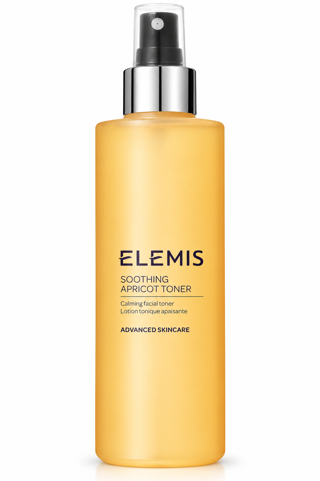 ELEMIS Soothing Apricot Toner calming facial toner in an elegant amber-yellow spray bottle with a silver pump and transparent cap, photographed against a clean white background. A gentle skincare toner designed to refresh, soothe and balance the skin.