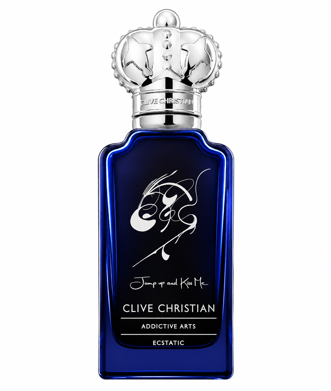Clive Christian Ecstatic Jump Up and Kiss Me 50ml Eau de Parfum in the signature deep sapphire blue bottle with a polished silver crown cap, isolated on a pure white background for a luxurious premium product presentation.