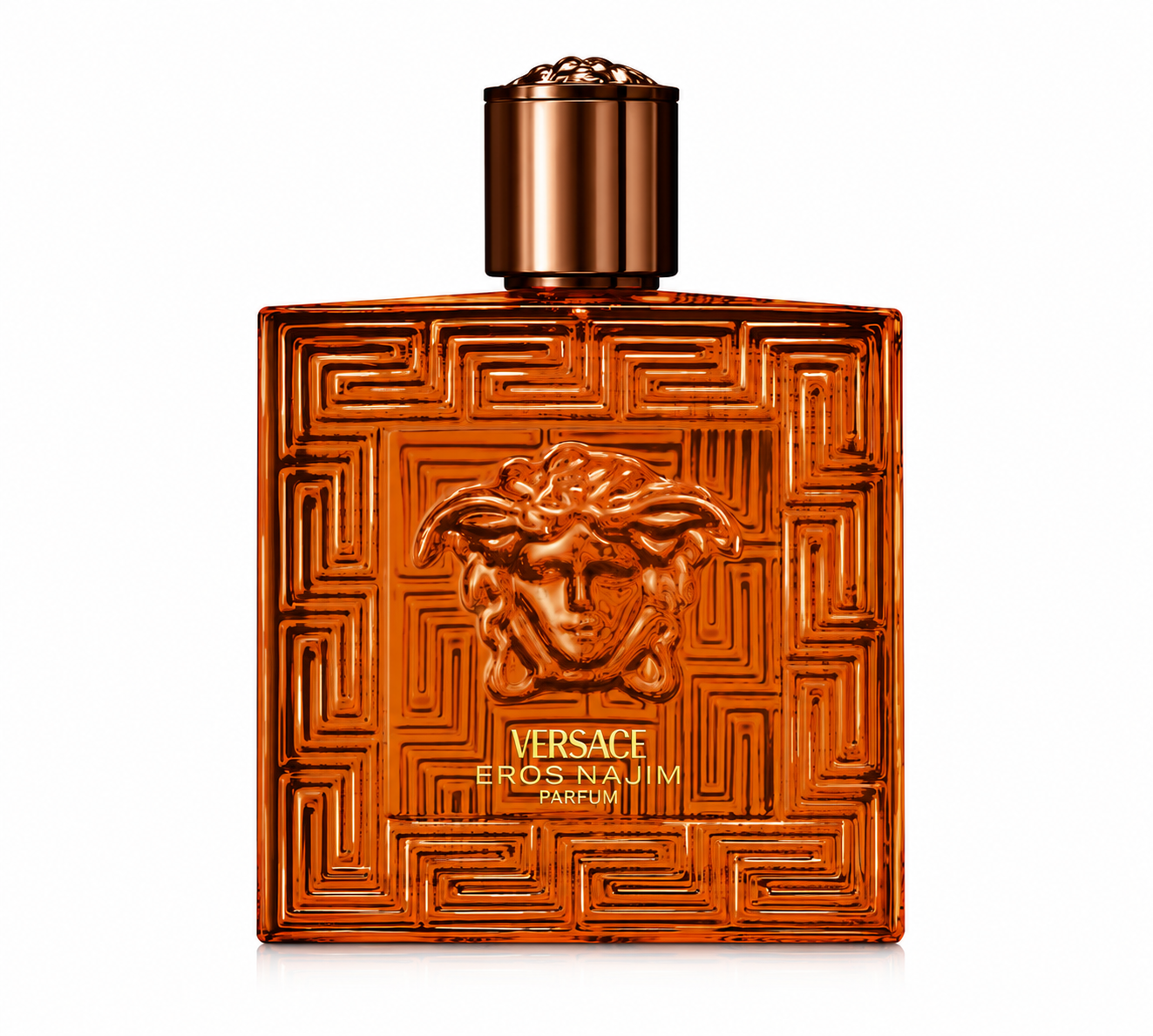 Versace Eros Najim Parfum bottle isolated on a white background, featuring a translucent amber-orange glass bottle with the iconic embossed Medusa emblem, intricate Greek key detailing, and a metallic bronze cap, reflecting the fragrance's rich, warm, and luxurious character.