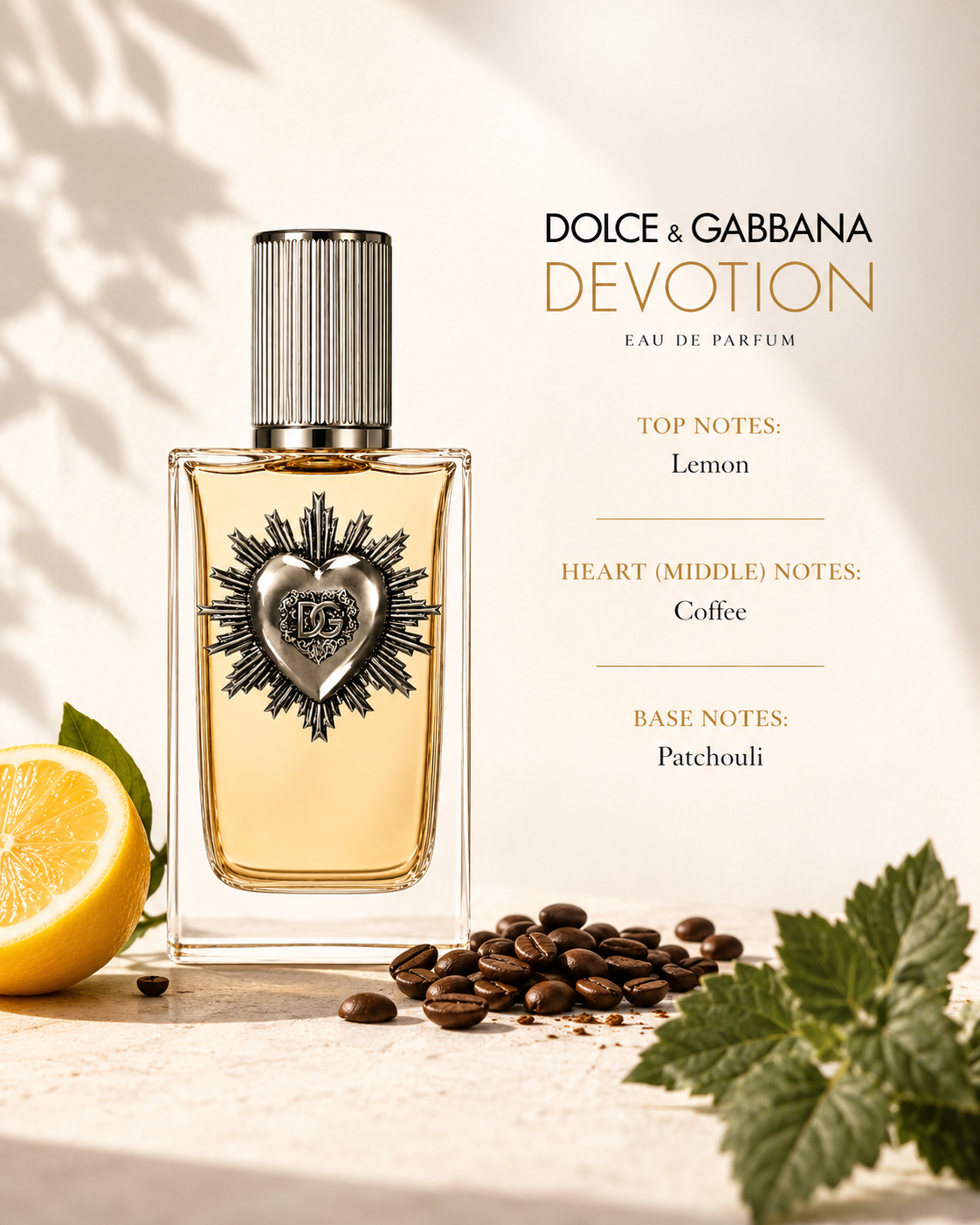 Dolce & Gabbana Devotion Eau de Parfum fragrance notes presentation featuring the iconic Devotion bottle with its silver Sacred Heart emblem, surrounded by fresh lemon slices, roasted coffee beans and green leaves. The composition highlights the fragrance pyramid: top note of lemon, heart note of coffee and base note of patchouli, reflecting its warm citrus-gourmand character.