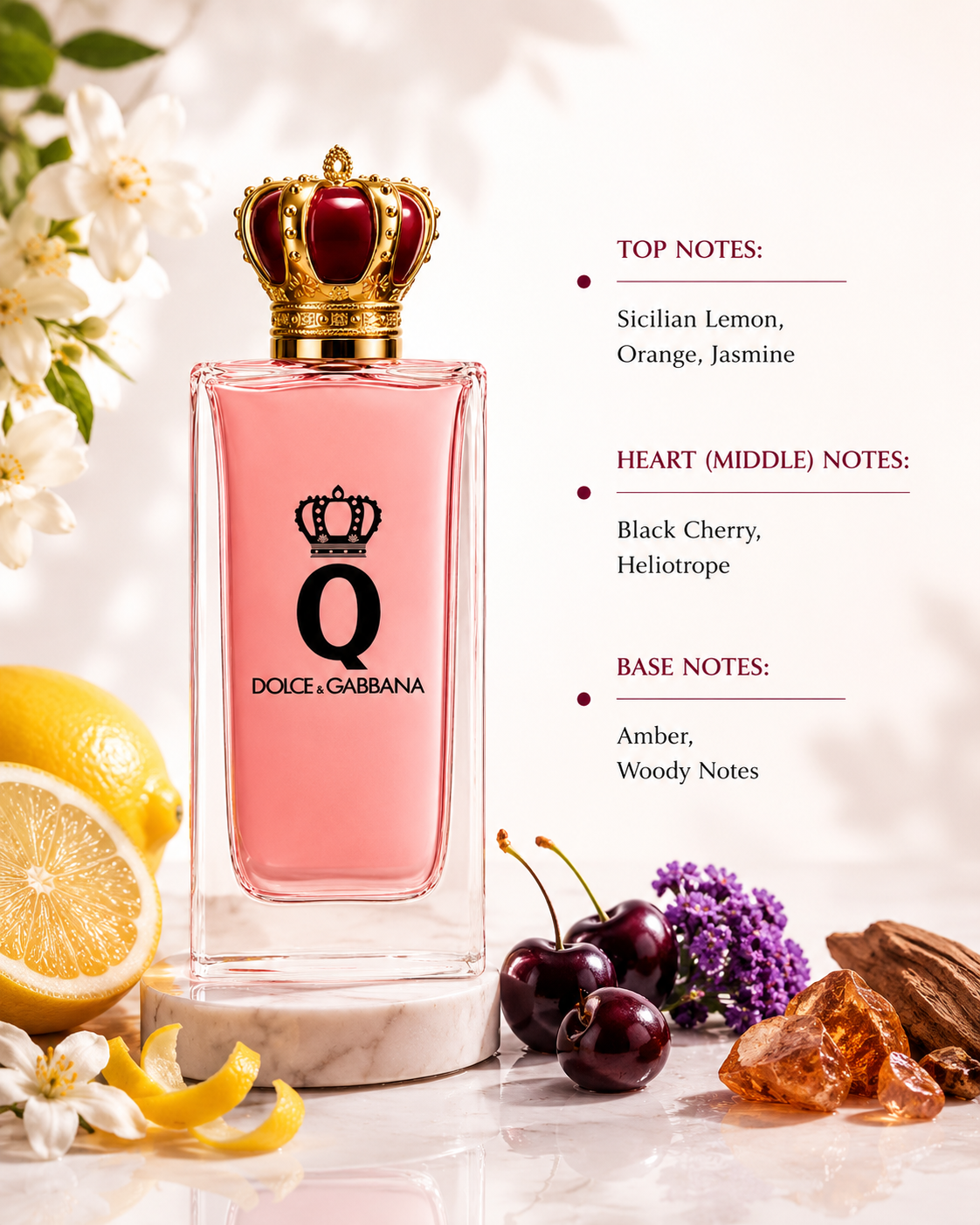 Dolce & Gabbana Q Intense 100ml Eau de Parfum for Women showcased with Sicilian lemon, orange blossom, black cherry, amber crystals and woody accords, highlighting its fruity floral fragrance.