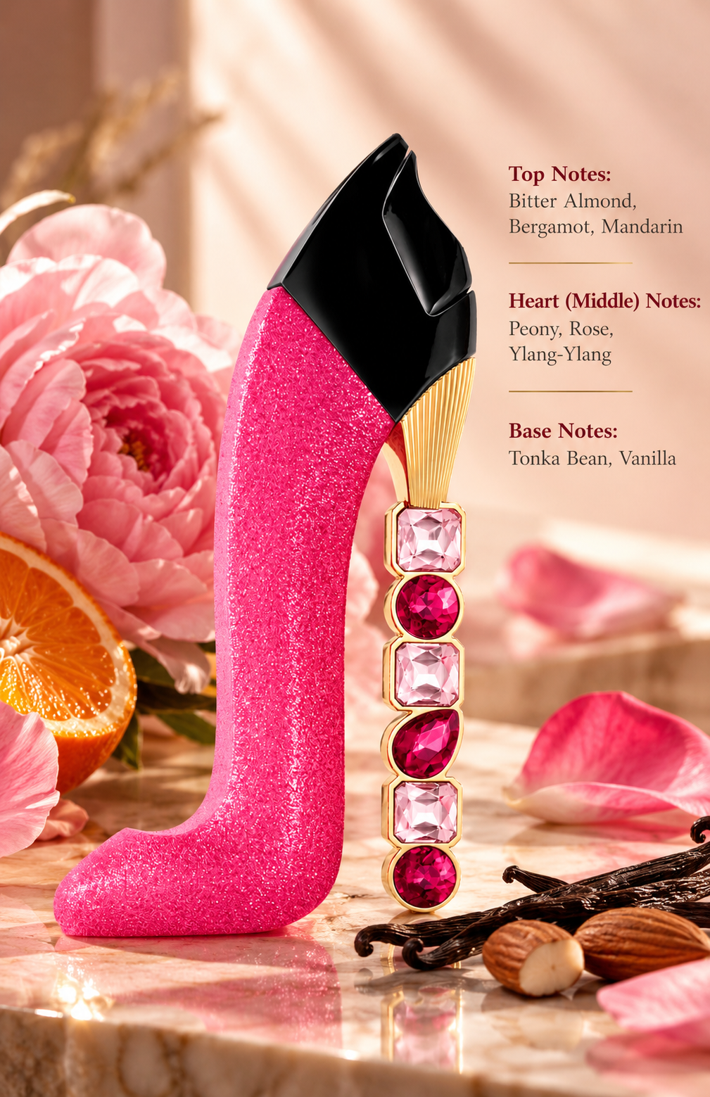 Luxurious women's perfume in a sparkling pink high-heel bottle with a black cap, gold stiletto heel and pink gemstones, displayed on elegant marble beside peonies, mandarin, almonds and vanilla pods. A feminine floral gourmand fragrance featuring bitter almond, bergamot, rose, ylang-ylang, tonka bean and vanilla.