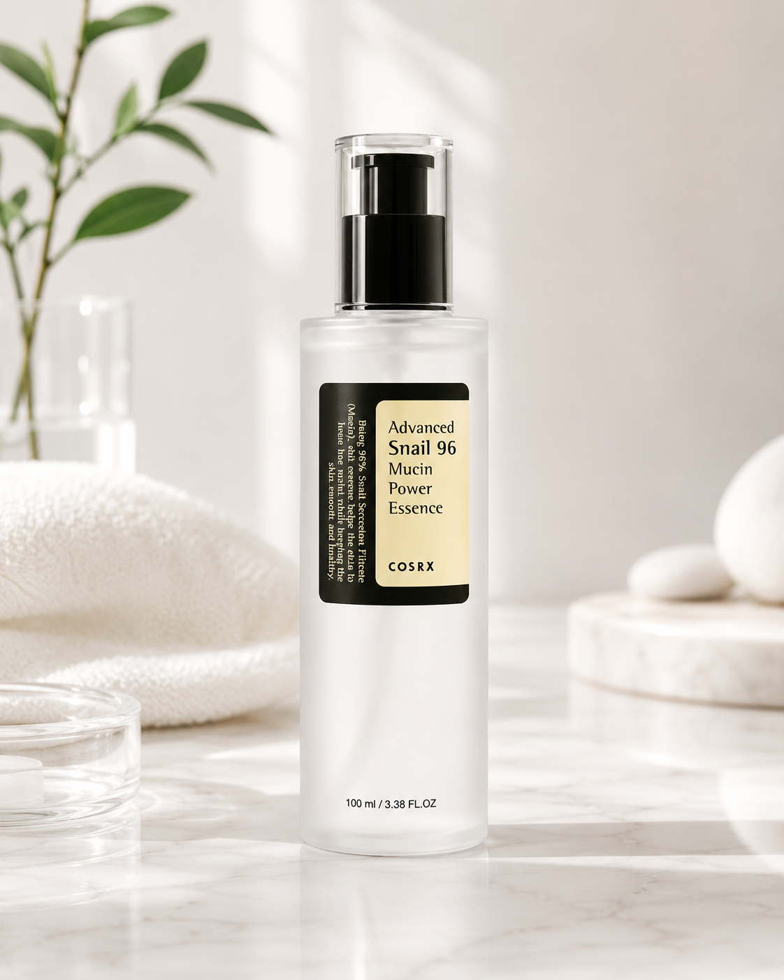 COSRX Advanced Snail 96 Mucin Power Essence 100ml displayed on a marble bathroom counter with towel and plant for hydrating and skin barrier care.
