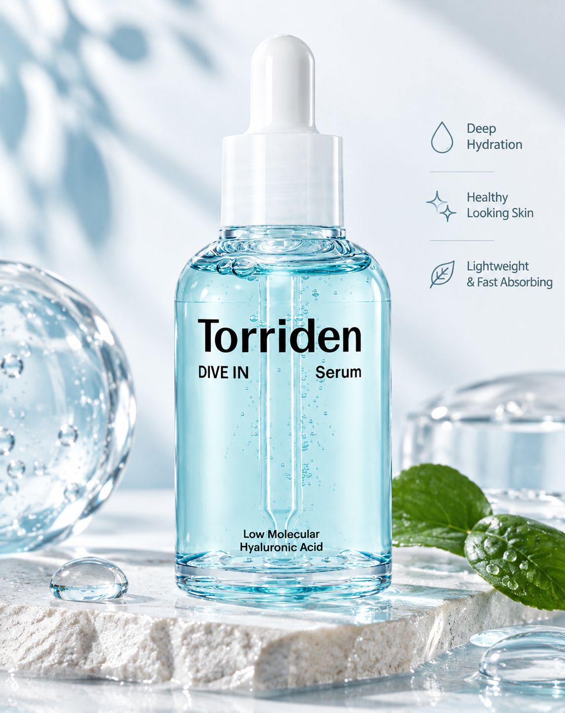 Torriden DIVE IN Serum styled in a fresh, water-inspired skincare setting with translucent water droplets and a cool blue aesthetic, highlighting deep hydration, a lightweight fast-absorbing texture and a healthy-looking skin finish.