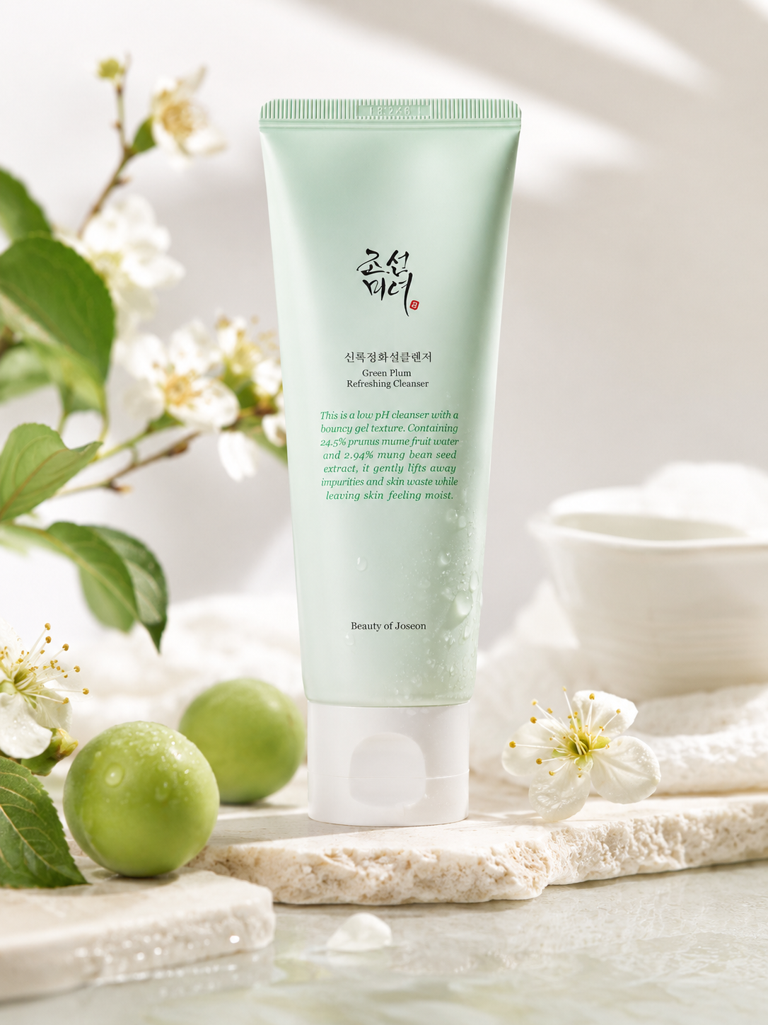 Pale green skincare cleanser tube by Beauty of Joseon with white cap, Korean script, surrounded by green plums and white blossoms on stone surface.
