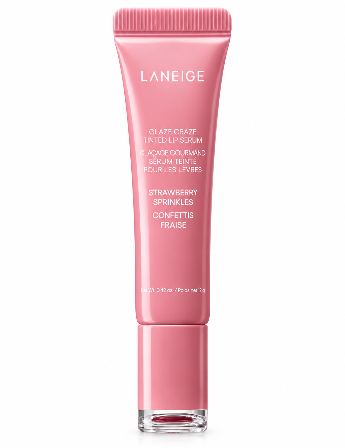 LANEIGE Glaze Craze Tinted Lip Serum in Strawberry Sprinkles 12g, presented in a glossy soft pink tube on a clean white background.