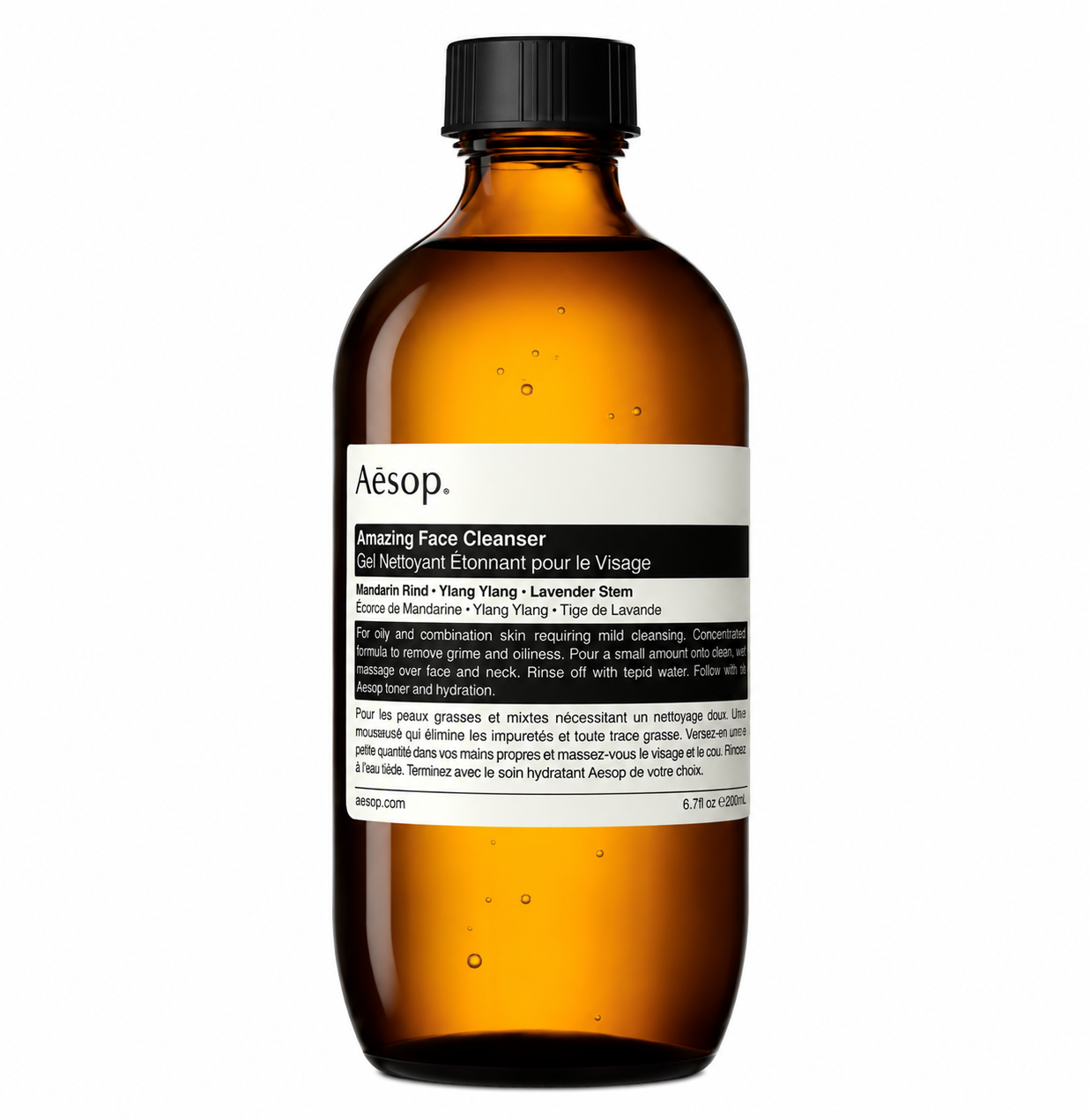 Aesop Amazing Face Cleanser in an amber glass bottle with a black screw cap, featuring Aesop's signature minimalist white label with black typography, isolated on a white background. The gel facial cleanser is designed for oily and combination skin, offering a clean, apothecary-inspired aesthetic.