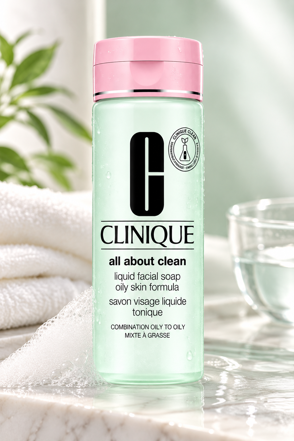 Clinique All About Clean Liquid Facial Soap Oily Skin Formula in a mint-green bottle with a pink cap, surrounded by soft white towels, cleansing foam and fresh greenery. Elegant skincare setting highlighting a refreshing daily facial cleanser for combination oily to oily skin.
