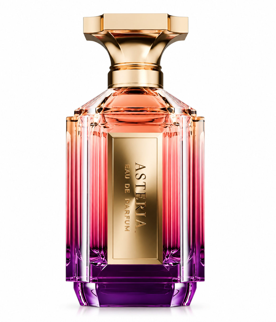 Asteria Eau de Parfum in a luxurious faceted glass bottle with a coral pink to deep purple gradient, finished with a sculptural gold cap and vertical gold Asteria plaque on a clean white background.