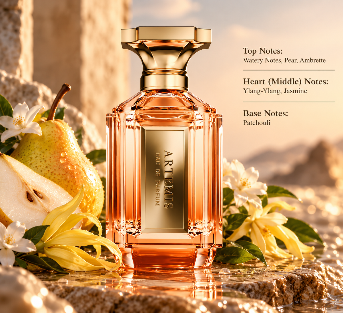 Artemis Eau de Parfum in a warm luminous setting with pear, delicate ylang-ylang and jasmine flowers, inspired by its watery, fruity, floral and patchouli fragrance notes.