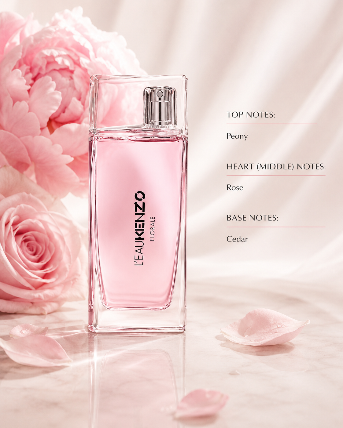 Kenzo L’Eau Kenzo Florale perfume displayed among pink peonies and roses, highlighting its delicate floral composition of peony, rose and cedar.
