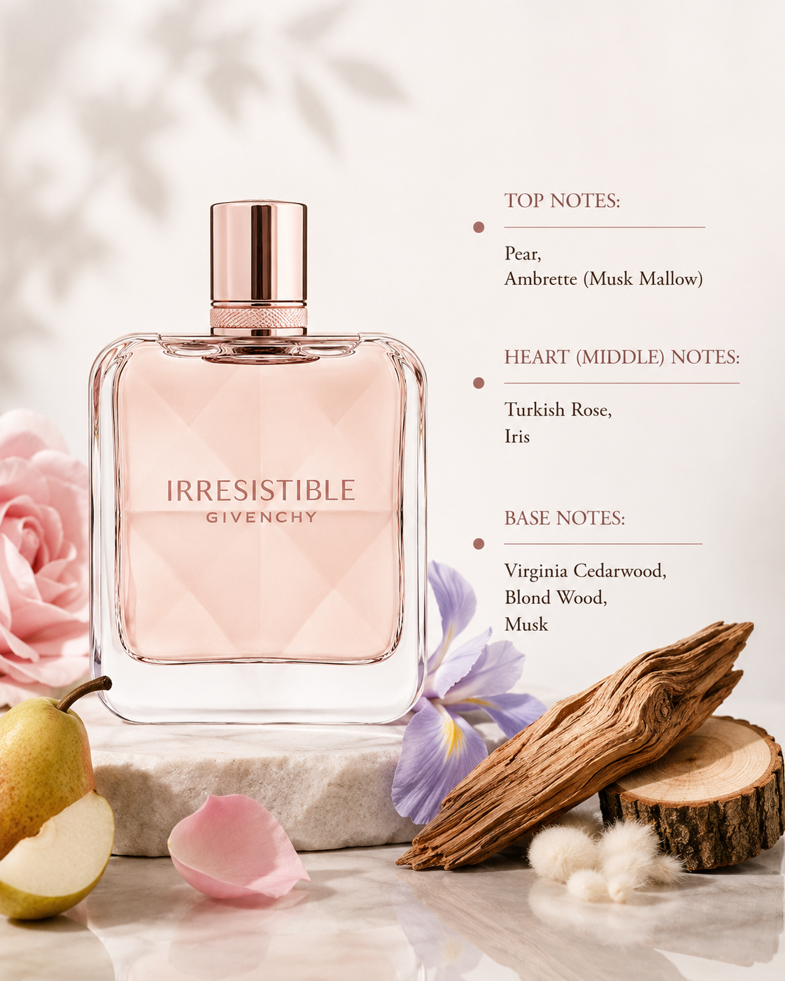 Givenchy Irresistible 80ml Eau de Parfum for Women displayed with pear, Turkish rose, iris, cedarwood, blond wood and musk, highlighting its elegant floral woody fragrance.