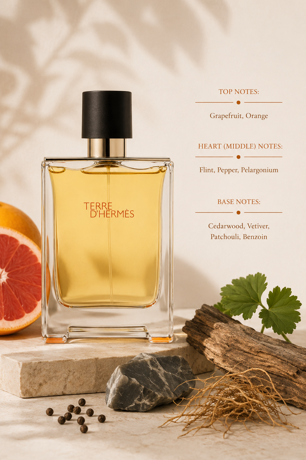 Hermès Terre d'Hermès Eau de Toilette fragrance displayed with grapefruit, cedarwood, vetiver, peppercorns, mineral stone, and fragrance notes in a warm earthy setting.