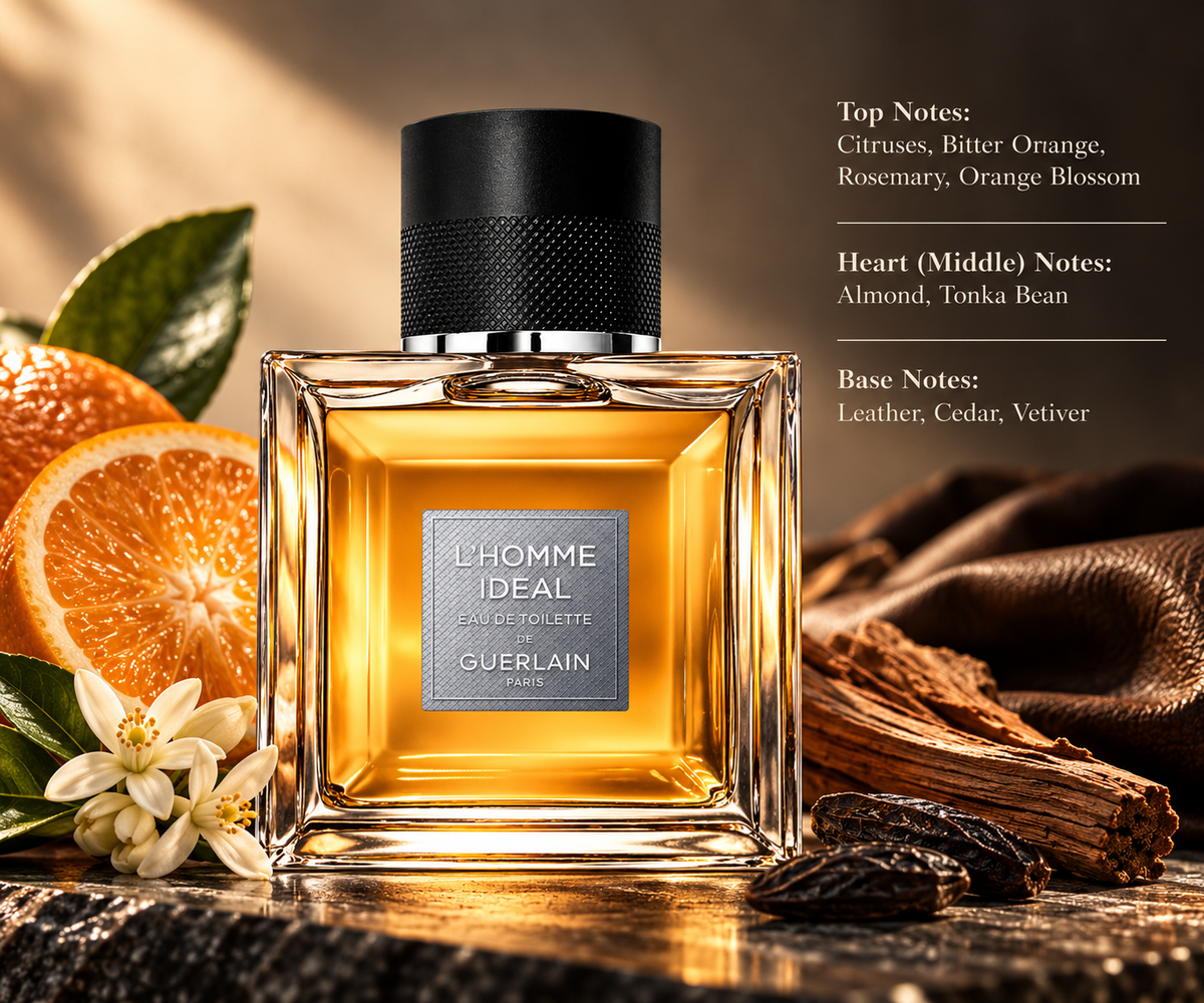 Guerlain L’Homme Idéal EDT men's perfume in an elegant amber glass bottle with a black cap, surrounded by citrus fruits, orange blossoms, tonka beans, cedarwood and leather. A luxurious composition highlighting its fresh citrus, aromatic, almond and woody fragrance notes.