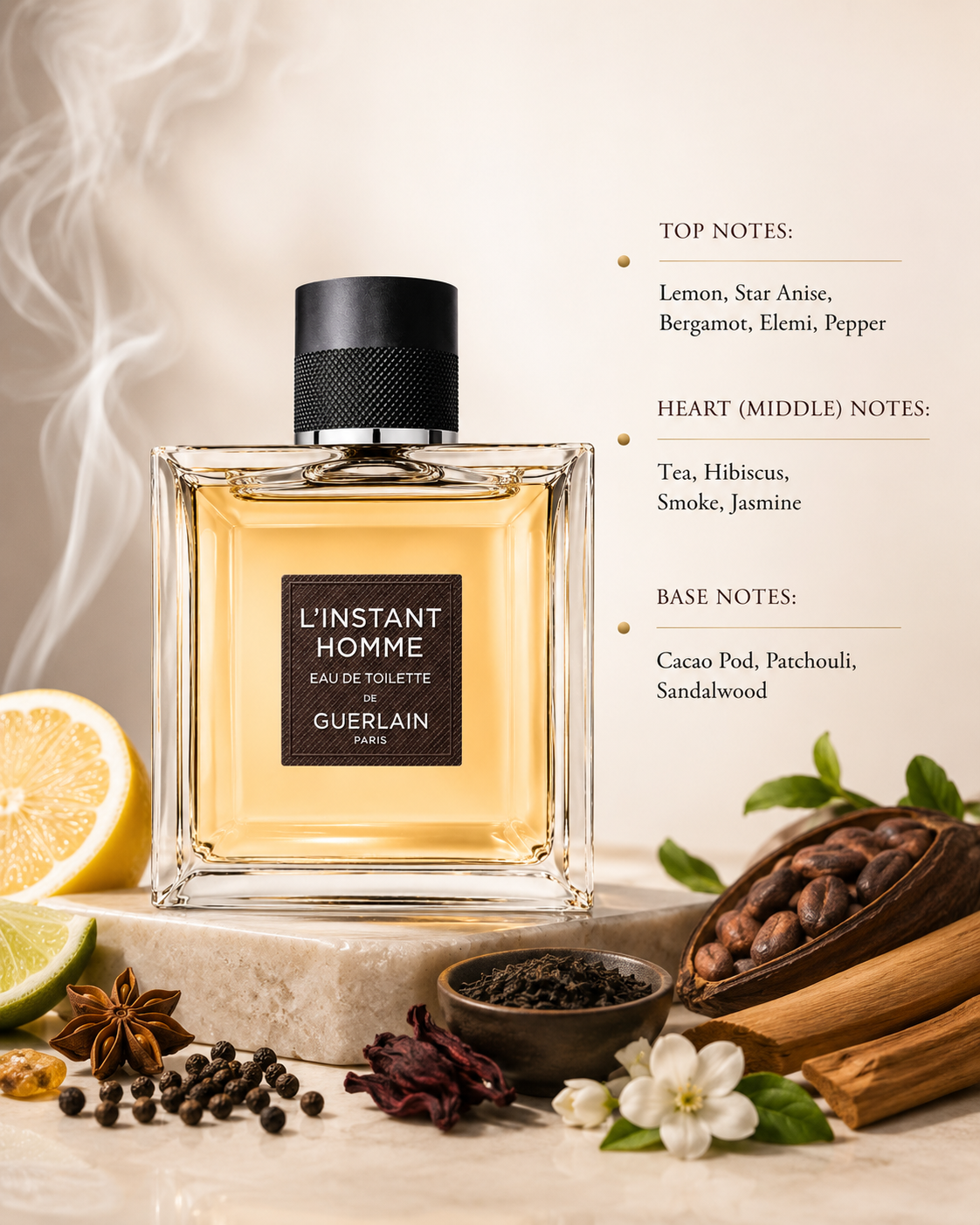 Guerlain L'Instant Homme 100ml Eau de Toilette for Men displayed with lemon, bergamot, star anise, black tea, hibiscus, cacao, patchouli and sandalwood, reflecting its warm spicy woody fragrance.