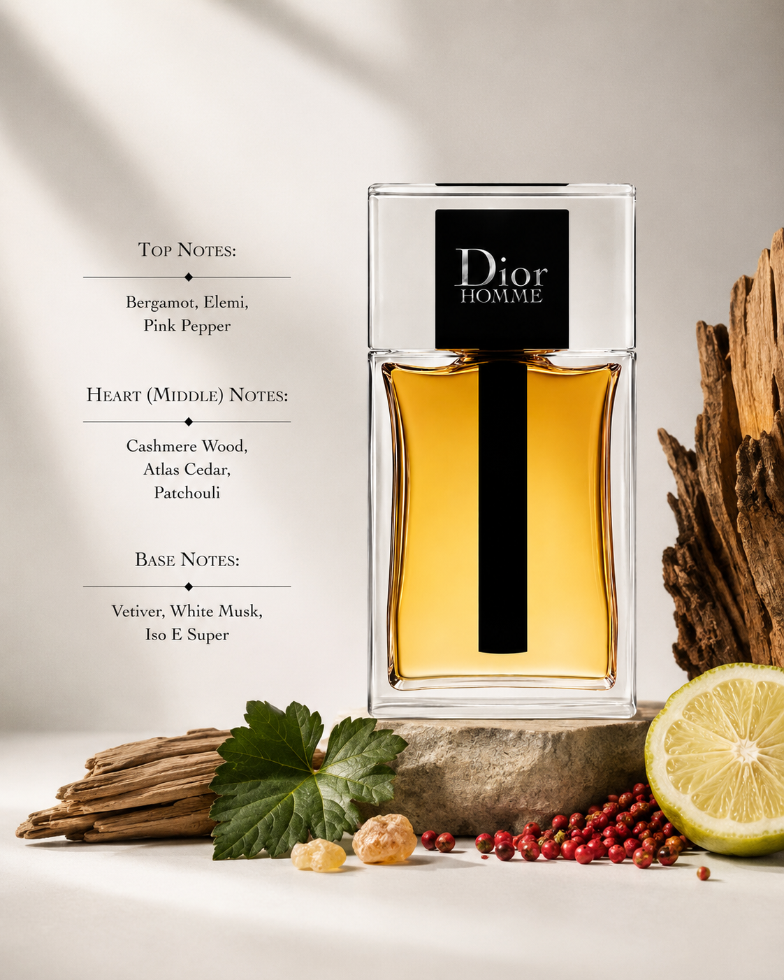 Dior Homme fragrance bottle displayed with bergamot, pink peppercorns, elemi resin, cedarwood, patchouli, vetiver, white musk, and woody accents, with fragrance notes listed on the left.