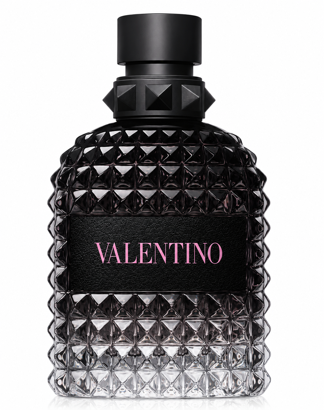 Valentino Uomo Born In Roma Eau de Toilette presented in its iconic Rockstud-inspired faceted glass bottle with a sophisticated smoky black-to-clear gradient, luxurious matte black studded cap and elegant Valentino plaque. Displayed on a flawless pure white background with premium studio lighting, crystal-clear reflections, soft natural shadows and exceptional detail that highlights the bottle's contemporary Italian couture design.